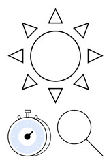 Minimalist sunburst design, stopwatch showing time, and magnifying glass highlighting focus. Ideal for productivity, time management, energy, focus, science, learning abstract line flat metaphor