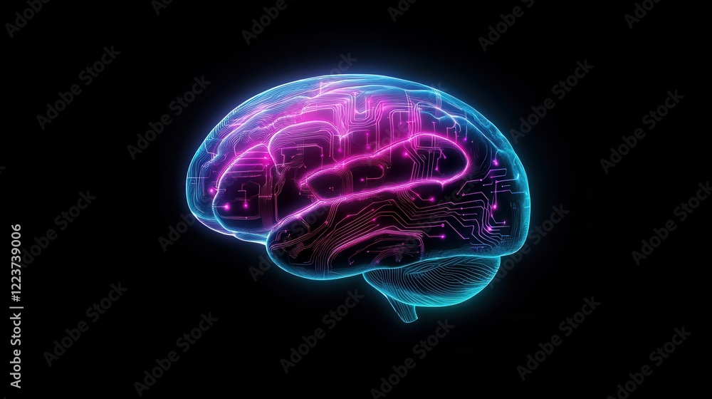 Poster futuristic neon brain illustration with circuit patterns on dark background for technology and innov
