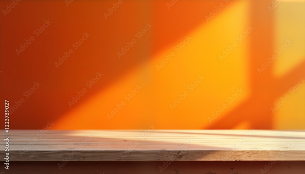 Poster empty light brown wooden table against abstract orange background. sunlight casts soft shadows on ta