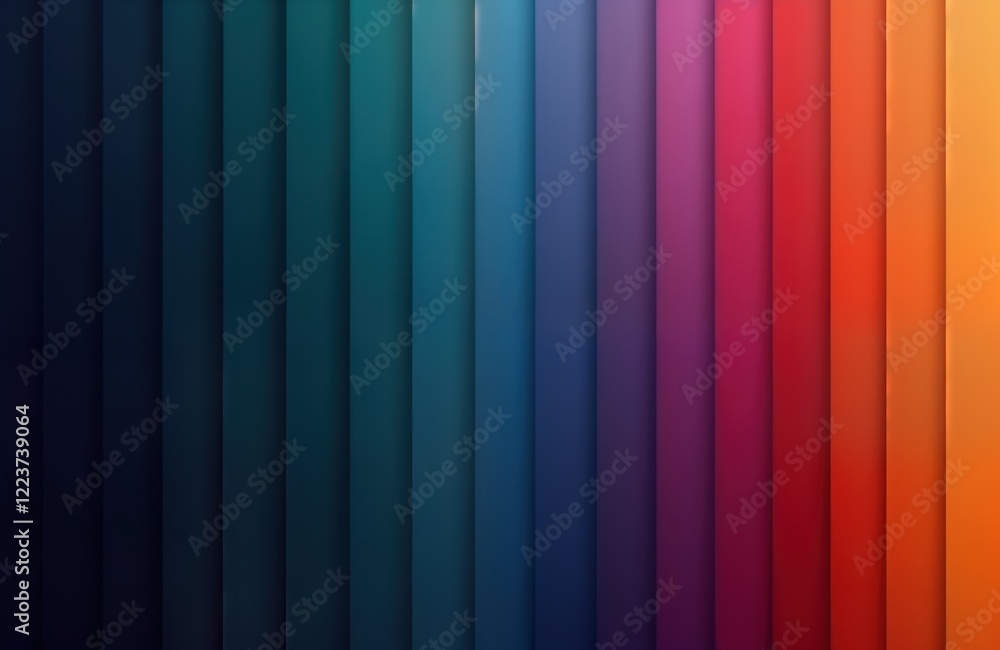Poster Vertical gradient stripes smoothly transition from dark to vibrant hues. Colorful linear bands create visual spectrum. Modern abstract design. Seamless background pattern ideal for wallpaper display.