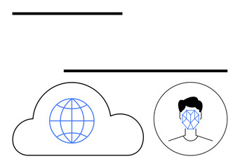 Cloud with globe and face with recognition pattern signifies global connectivity, data security, AI, and tech solutions. Ideal for AI, cloud storage, security, biometrics, global tech IT services