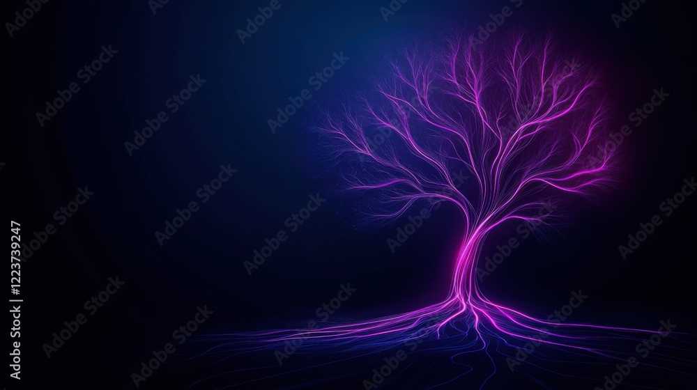 Poster neon tree with glowing branches and roots against dark background in futuristic style
