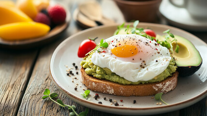 アボカドとポーチドエッグが乗ったトーストのヘルシーブレックファスト
