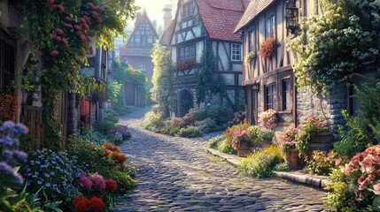Fototapeta premium Sunlit cobblestone street in a charming European village, flowers blooming, idyllic background, perfect for travel brochures