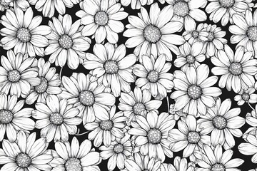 Fototapeta premium A vibrant pattern of hand-drawn daisies on a black background, ideal for textile design or wallpaper