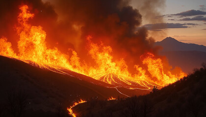 Intense wildfire raging through mountains at sunset, environmental crisis