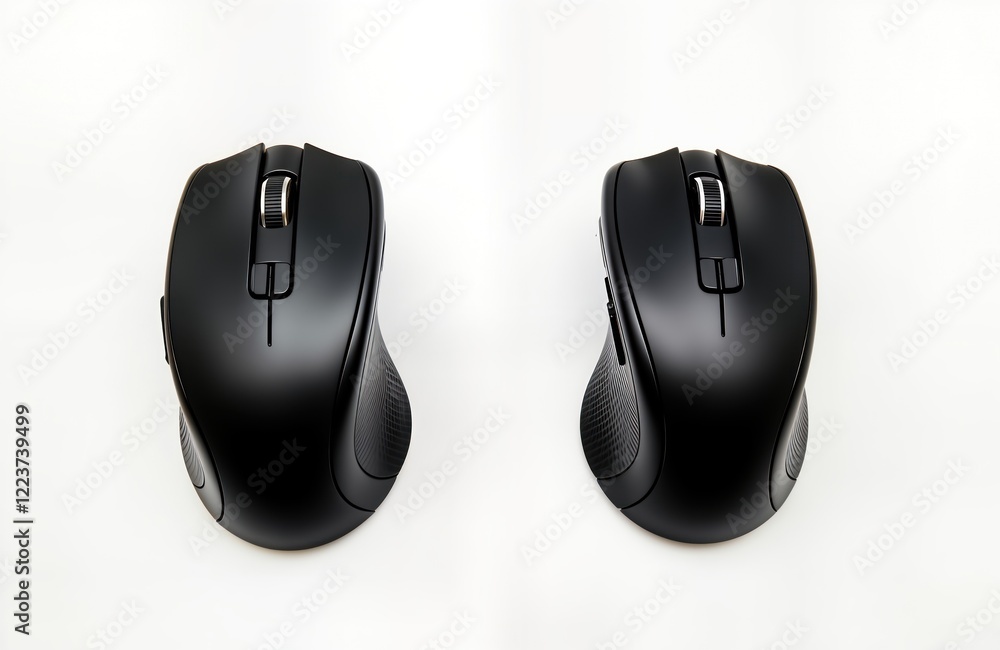 Fototapete two black wireless computer mice displayed on white background. modern tech device. ergonomic design