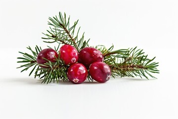 A vibrant cluster of fresh cranberries nestled among fragrant evergreen sprigs, celebrating nature's bounty in a winter wonderland isolated on transparent background