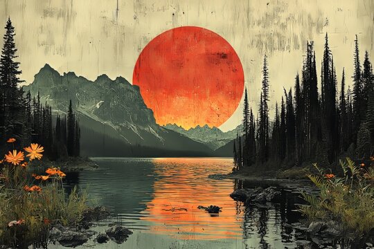 collage artistique r&eacute;alisant une juxtaposition d'images de nature, y compris des arbres et des montagnes, accompagn&eacute;es d'&eacute;l&eacute;ments naturels et de formes g&eacute;om&eacute;triques
