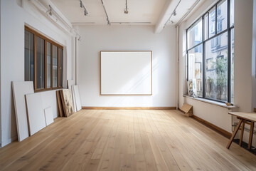 Obraz premium おしゃれな部屋に置かれた白いカンバス・額縁
