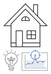 House outline with ideas and analytics, featuring lightbulb and data chart. Ideal for real estate, innovation, smart homes, energy efficiency, strategy, finance, and abstract line flat metaphor