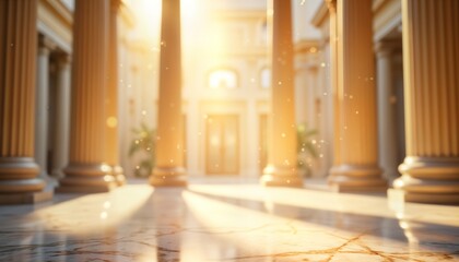 Elegant interior design with classic columns in sunlit space. Blurry background suggests majestic hall. Sunlight shines through columns. Marble flooring reflects light. Royal atmosphere. Suggests