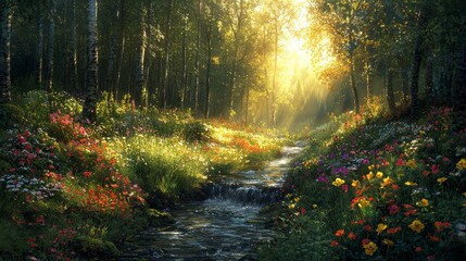 Fototapeta premium Lush green forest with beautiful wildflowers and a serene stream flowing through it, capturing the beauty of nature in springtime