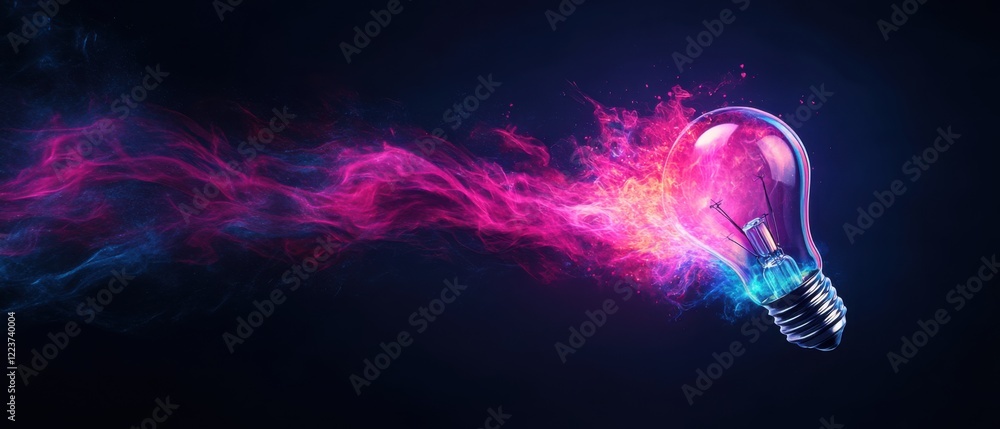 Poster colorful glowing light bulb with vibrant smoke effects in dark background creating a dynamic visual 