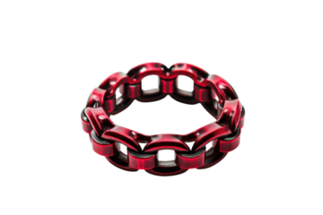 A striking red and black chain link ring set against a clean white background, showcasing unique design and craftsmanship isolated on transparent background