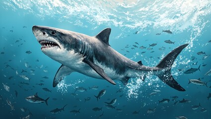 Fototapeta premium Majestic great white shark gliding in open water fish fleeing in fear