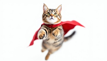 Flying Superhero Cat in Red Cape Adorable Kitten Image