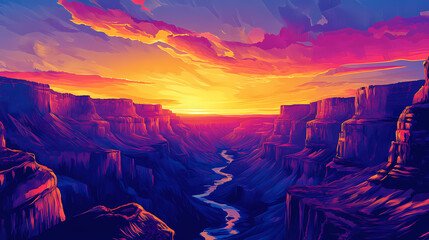 Dramatic canyon sunset with vibrant hues and shadows, beauty, dramatic, color palette. Vibrant Canyon. Illustration