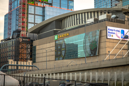 The Boston Bruins and Boston Celtics logo seen on the exterior of their shared home arena, the TD Garden.