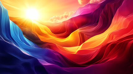 Obraz premium Fantastical canyon landscape with vibrant colors and a bright shining sun. Vibrant Canyon. Illustration