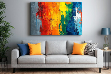 Modern living room featuring a gray sofa with colorful cushions and vibrant abstract art on the wall