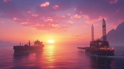Offshore oil and gas jackup platform, during cargo operations with supply vessel in the sea and beautiful colourful sunset sky. 