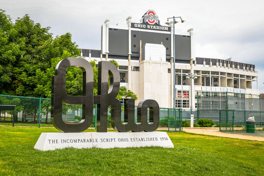 A Script Ohio statue outside the Ohio State Buckeyes' home stadium honors the famous tradition of the university's marching band. 