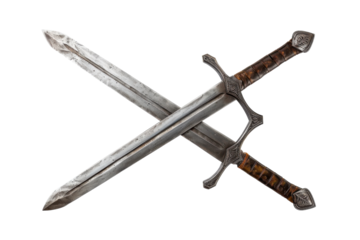Two intricately designed swords crossed elegantly on a stark white background showcasing their craftsmanship and historical significance isolated on transparent background