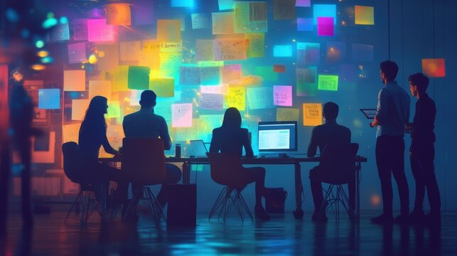 Engineering team members engaged in a brainstorming session with sticky notes covering a wall highlighting customer feedback and ideas for new product enhancements.