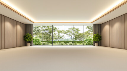Fototapeta premium Spacious minimalist interior with natural light, neutral tones and indoor greenery