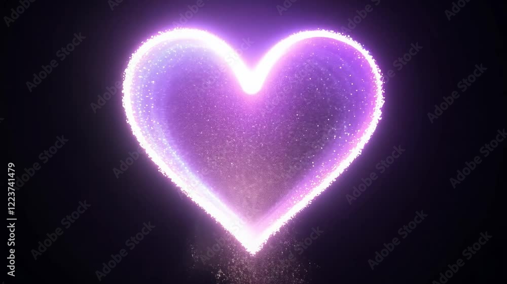 Poster zoom in video of a sparkling heart materializes from dust, against a deep black backdrop, with soft 