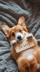 Cute puppy with sad eyes lying on a soft blanket, holding an "I'm Sorry" sign. Perfect image for apology or forgiveness themes.