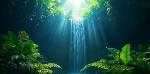 Obraz premium Beautiful tropical rainforest illustration with exotic plants, palms, big leaves and flowing water