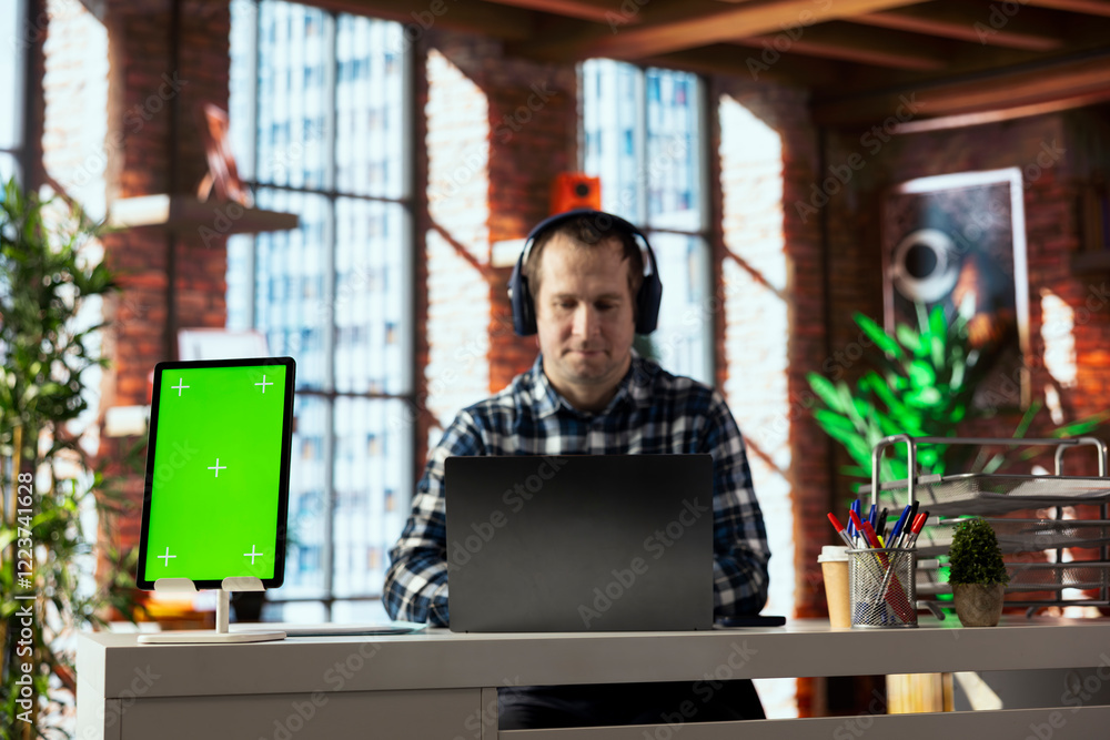 Aufkleber isolated screen tablet next to home office worker using laptop, participating in videocall with coll