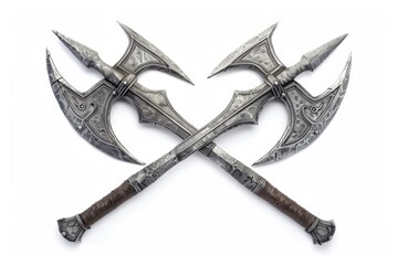 Dual ornate battle axes crossed against a white backdrop showcasing intricate craftsmanship and mythical design elements isolated on transparent background