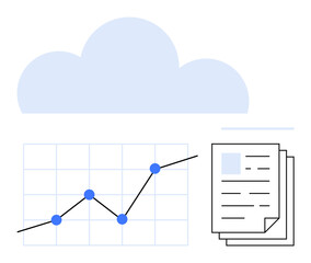 Line chart with upward trend, blue cloud, and stacked documents symbolizing data growth, analytics, and cloud-based storage. Ideal for business, tech, AI, research finance education abstract line