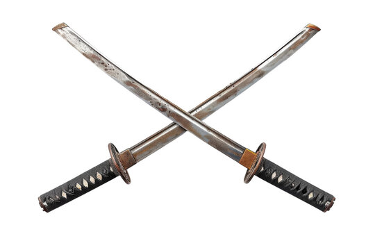 Two crossed traditional swords resting on a clean white background during an artistic still life capturing the essence of samurai culture isolated on transparent background