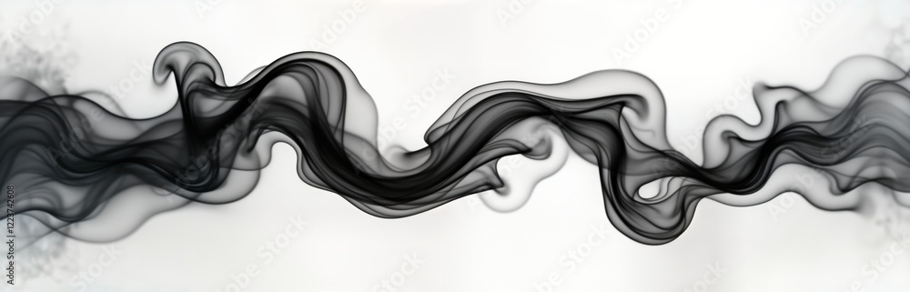Poster Abstract black smoke swirls elegantly on white background. Fluid lines create dynamic composition. Artistic design. Ideal for wallpaper graphic design projects. Smoke effect looks futuristic,