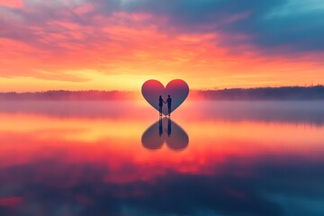 Couple Forming Heart-Shaped Reflection in Lake at Sunrise with Soft Pink and Orange Sky
