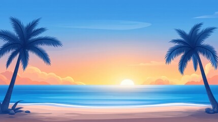 Serene Sunset Landscape with Palm Trees Over Rocky Shoreline and Calm Ocean Waves Under Colorful Sky