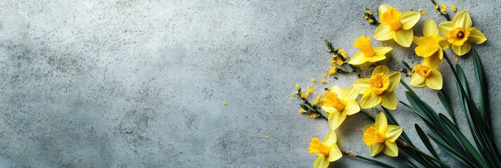 yellow daffodils on textured gray concrete background with copy space. spring floral backdrop with vibrant colors. springtime greeting card for St. David's Day celebration, botanical design