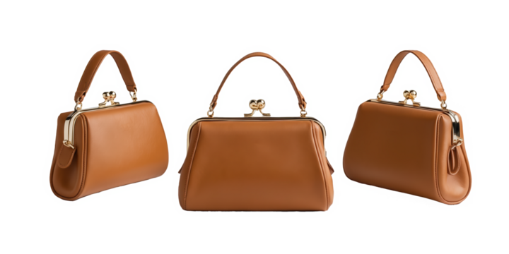 Brown Vintage Handbag Collection, Three Angles, Stylish Accessories isolated transparent background cutout
