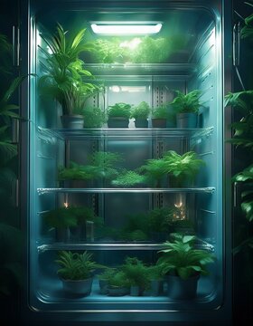 Un r&eacute;frig&eacute;rateur vibrant entour&eacute; et rempli de plantes luxuriantes, pr&eacute;sentant un m&eacute;lange de design moderne et de nature en ia