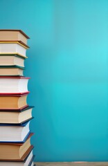 Fototapeta premium High stack of colorful books in college library. Blue background. Ideal for education, study, learning. Space for inscription. Image suitable for educational institutions bookshops. Possible use for