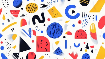 Modern abstract poster featuring geometrical shapes scattered against a textured background in lively colors.