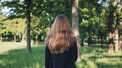 Businesswoman with long brown hair wearing a black suit walking away in a park contemplating nature