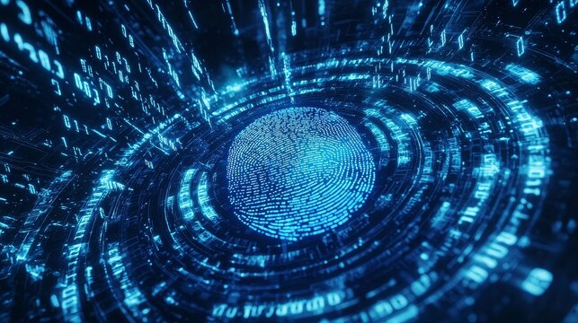 Close-up of a holographic fingerprint scan with floating numerical data codes in the background, illuminated by pulsating blue light, Futuristic, High Detail