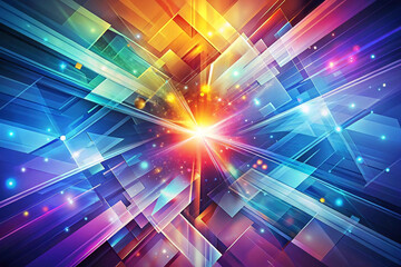 Obraz premium Abstract colorful geometric explosion with vibrant light effects and glowing particles.
