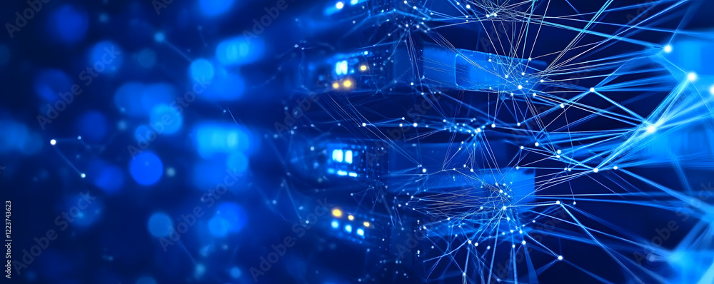 Wall mural blue technology background with network connections and digital data connection, web banner design f