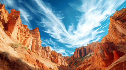 Fototapeta premium A stunning view of a canyon with vibrant orange rock formations under a bright blue sky filled with wispy clouds. Vibrant Canyon. Illustration